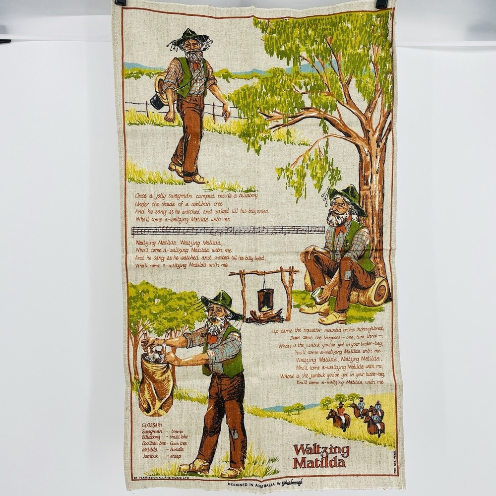 Gainsborough Waltzing Matilda Vintage Linen Cotton Tea Towel Australia Souvenir